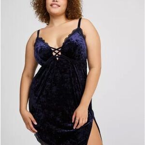 Torrid Blue Velvet Chemise with Lace-Up Detail